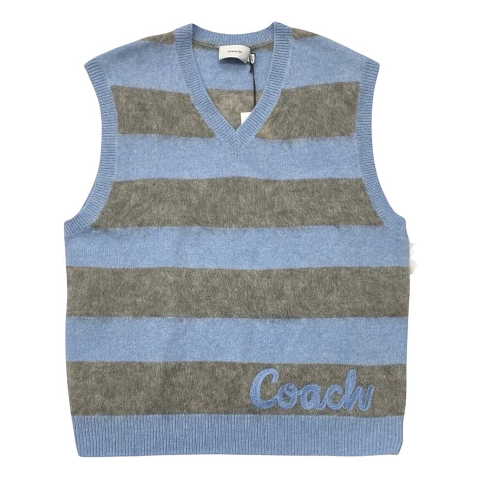 Coach Blue Multi Grandpacore Mohair Wool Striped V-Neck Sweater Vest Knit CP976